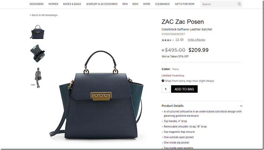 ZAC Zac Posen Eartha系列 Tapered Tricolor 女款真皮拼色手提包