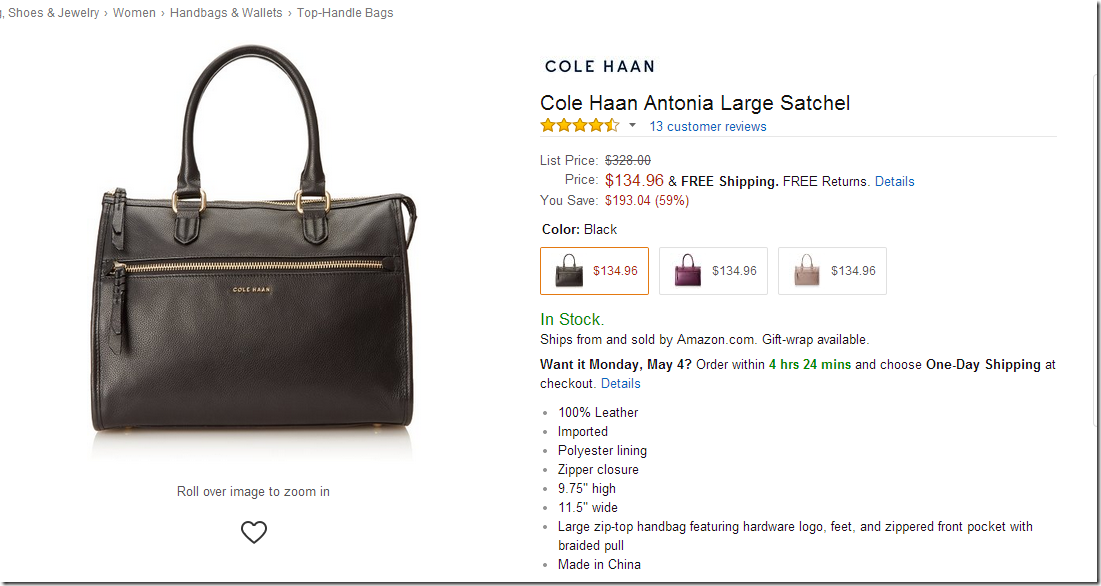 Cole Haan Antonia 大号女士手提包$134.96