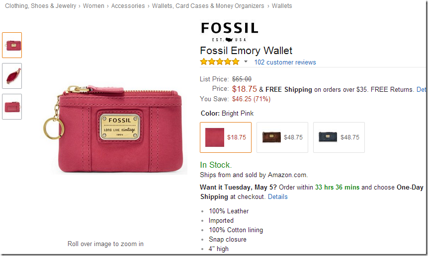 FOSSIL Emory 女式钱包$48.75